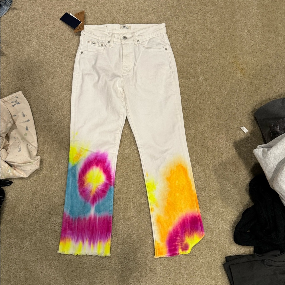 BRAND NEW POLO RALPH LAUREN JEANS: white with tie-dye detailing — size:25